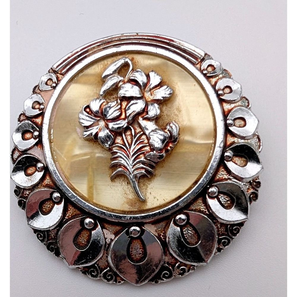 Vintage Silver Tone Floral Scarf Clip Round Pearlescent Mid Century Accessory